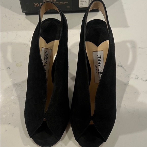 Jimmy Choo Black Suede Peep Toe Heels - Picture 5 of 7